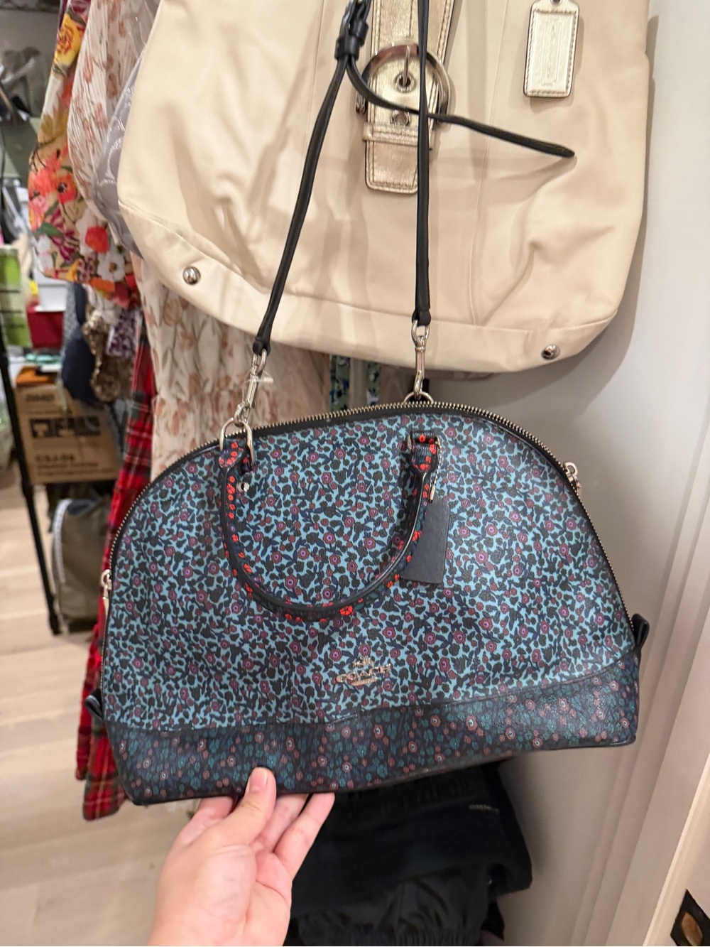 Coach Blue Floral Dome Satchel with Red Accents